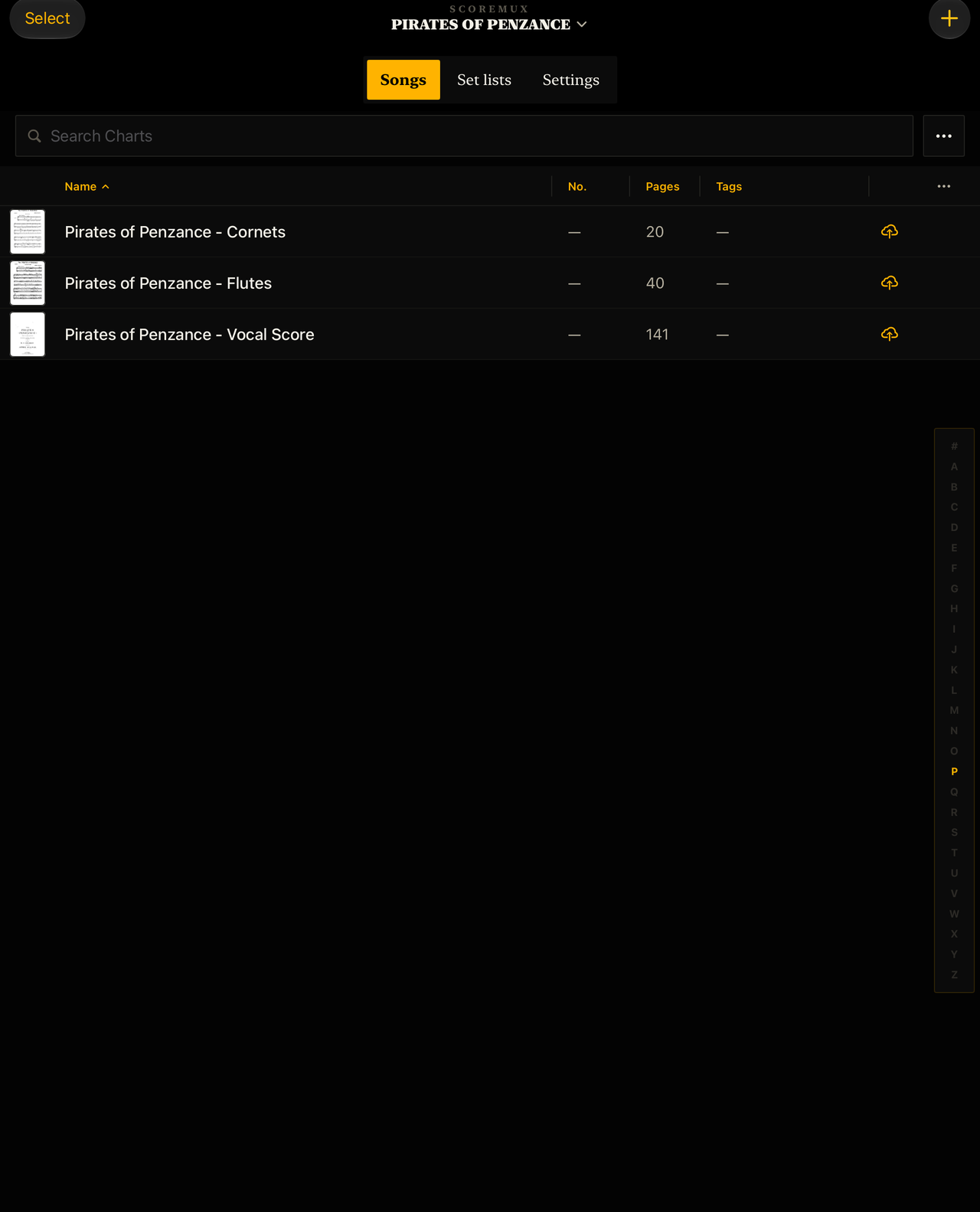 The ScoreMux library on iPad: Pirates of Penzance and March Folio books in a dark shelf view