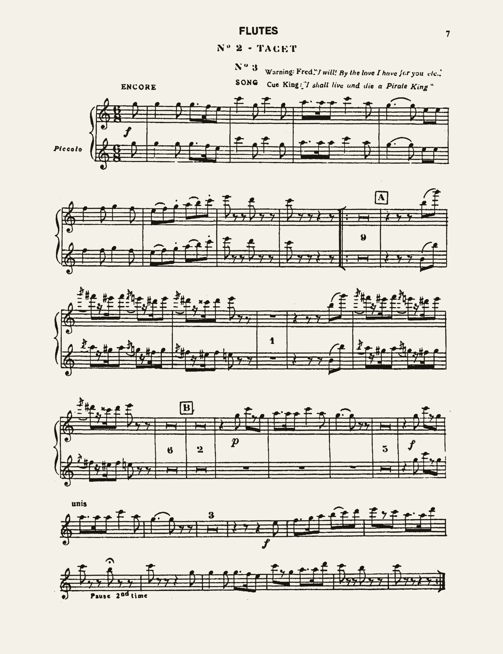 Flute part page reading Number 2, Tacet, from the 1880 Pirates of Penzance pit parts