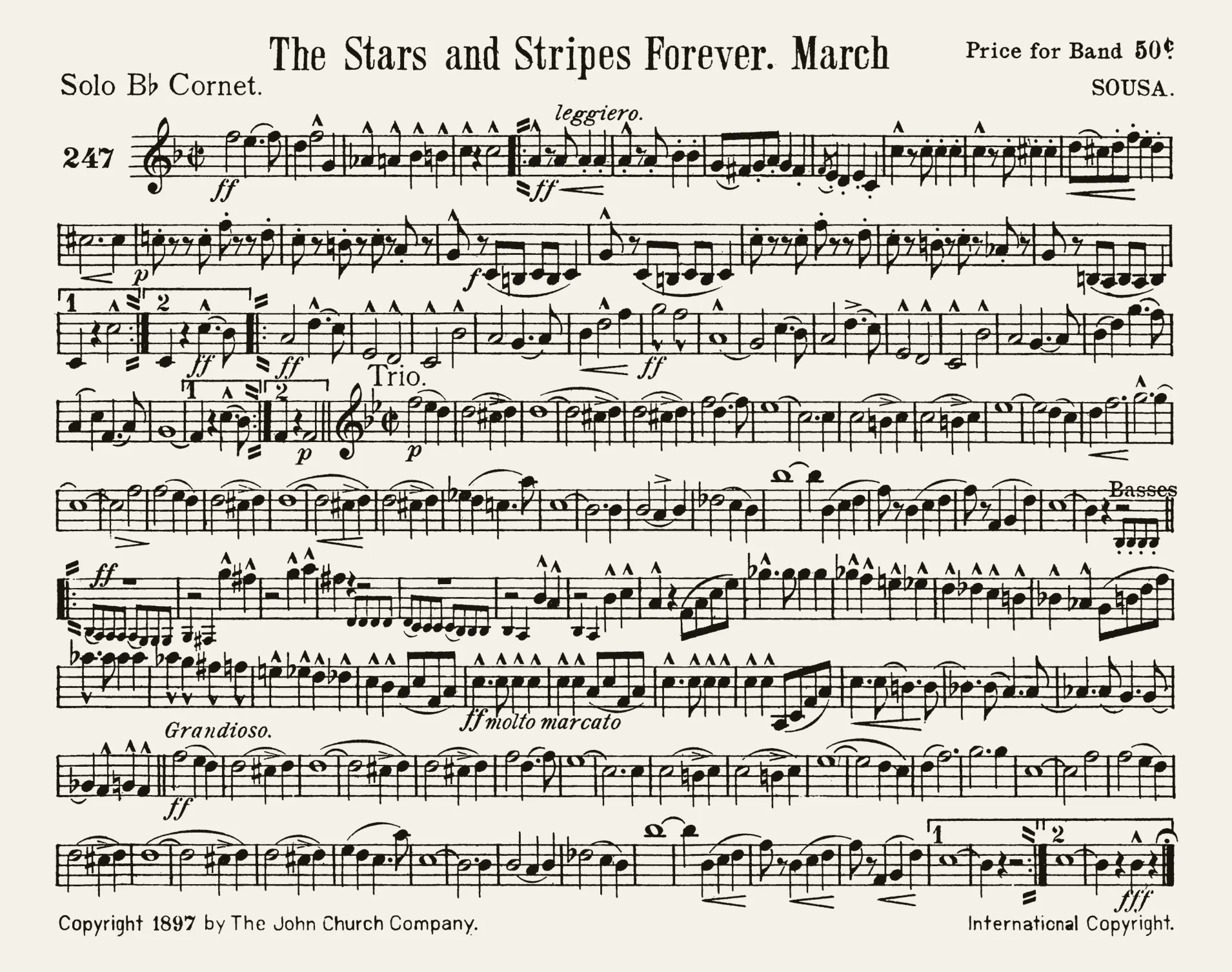 First page of the Solo B-flat Cornet part of The Stars and Stripes Forever, 1897 first edition