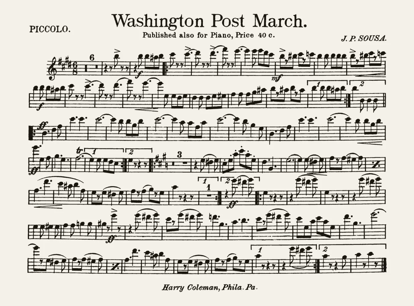 First page of The Washington Post march, 1889 first edition