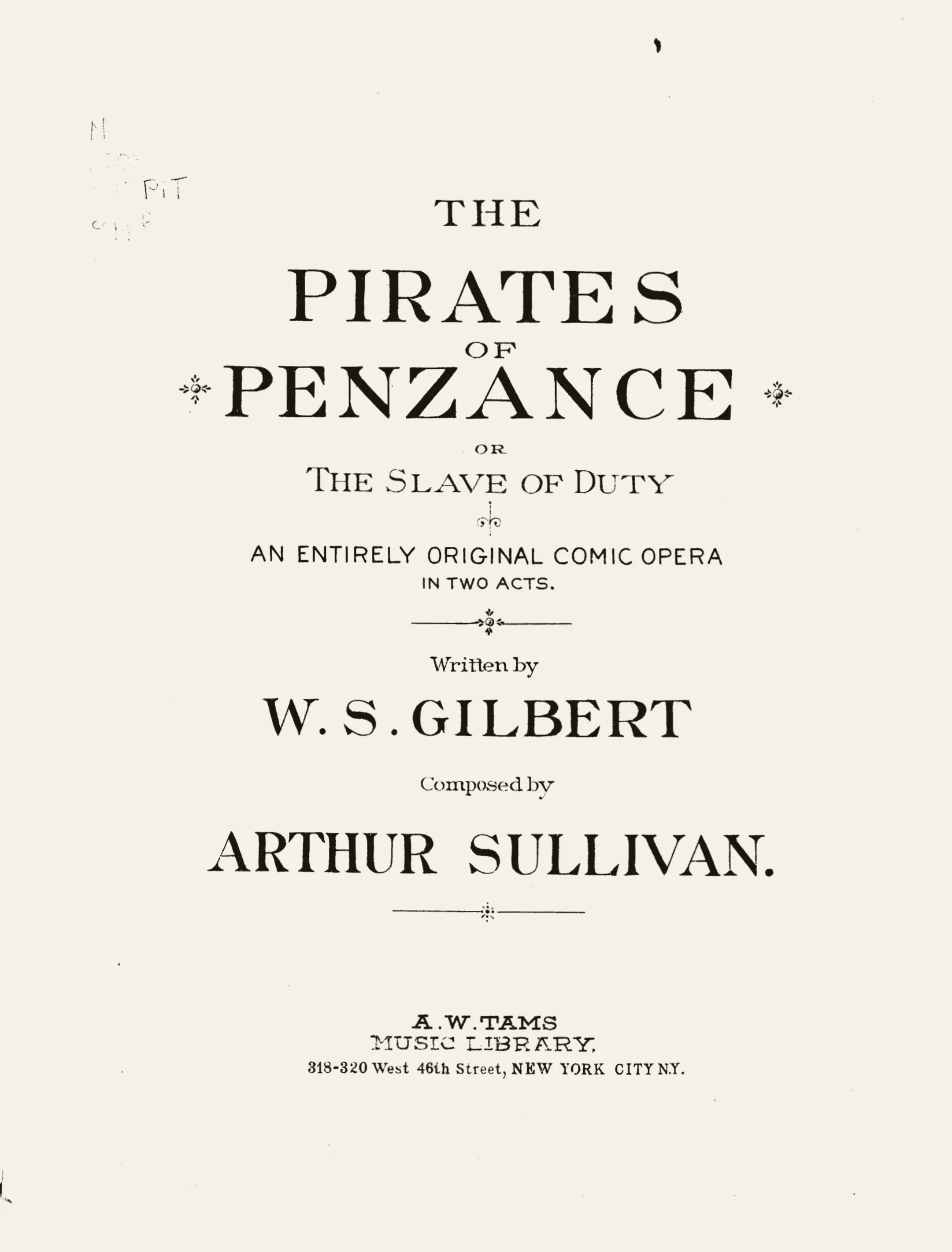 Unbound title page of a Pirates of Penzance pit book