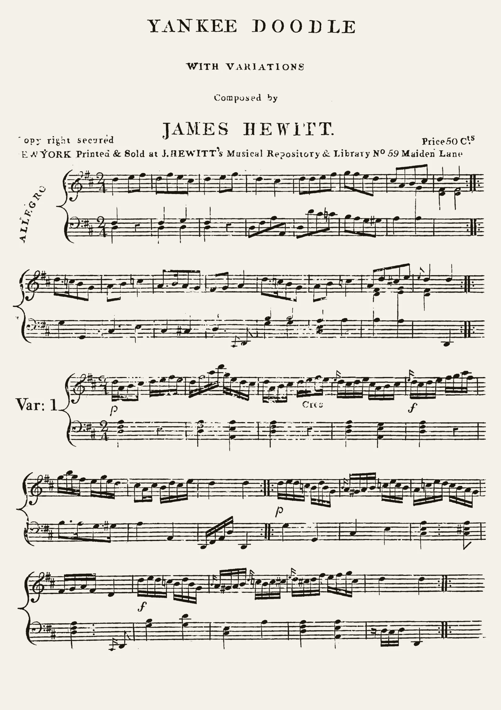 Engraved first page of Yankee Doodle with Variations by James Hewitt
